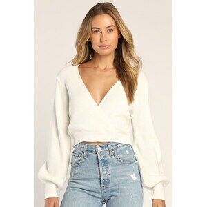 Lulus Fit For Fall Ivory Surplice Balloon Sleeve Sweater White - Size L